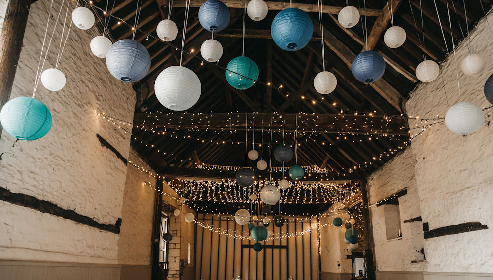 Blue and teal lanterns at Friars Court