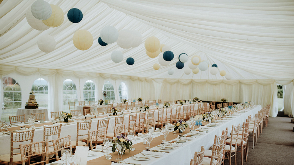 Blue and yellow paper lanterns