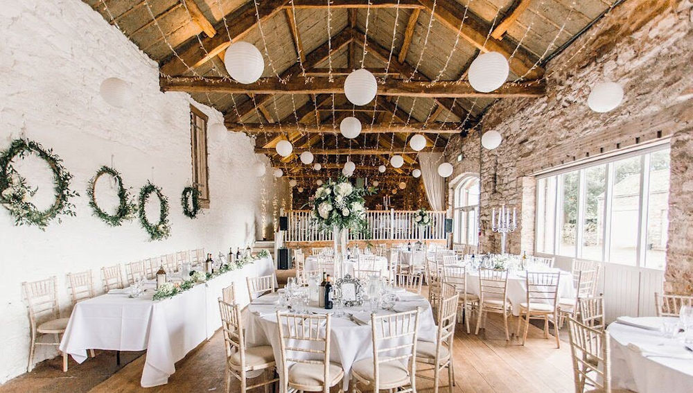 Cream hanging lanterns at Askham Hall