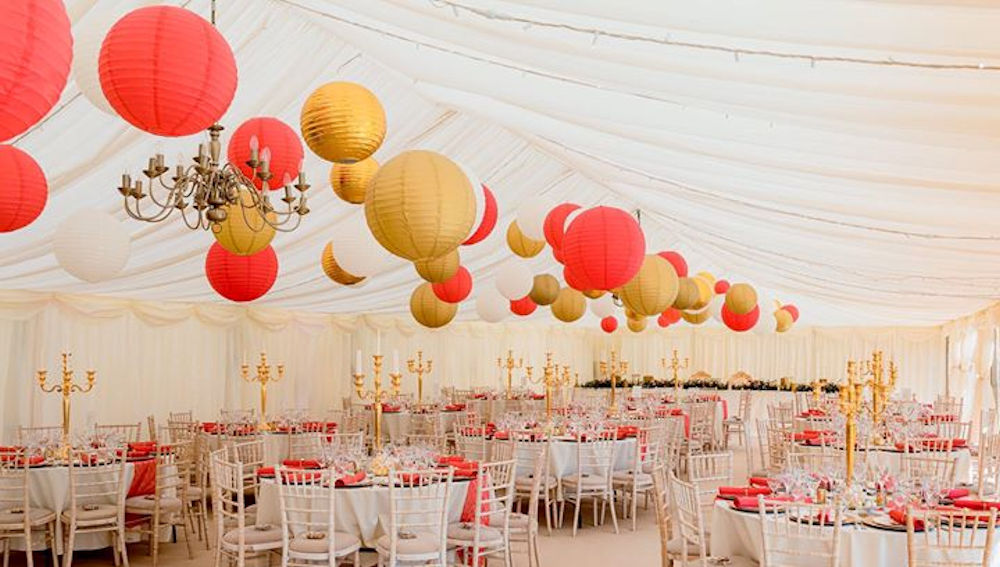 Gold and red hanging paper lanterns