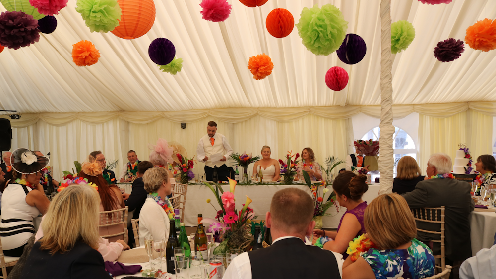 Coloured wedding lanterns and tissue pompoms