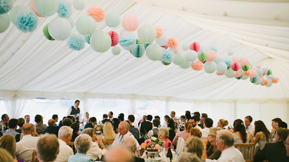 paper lanterns and tissue pompoms