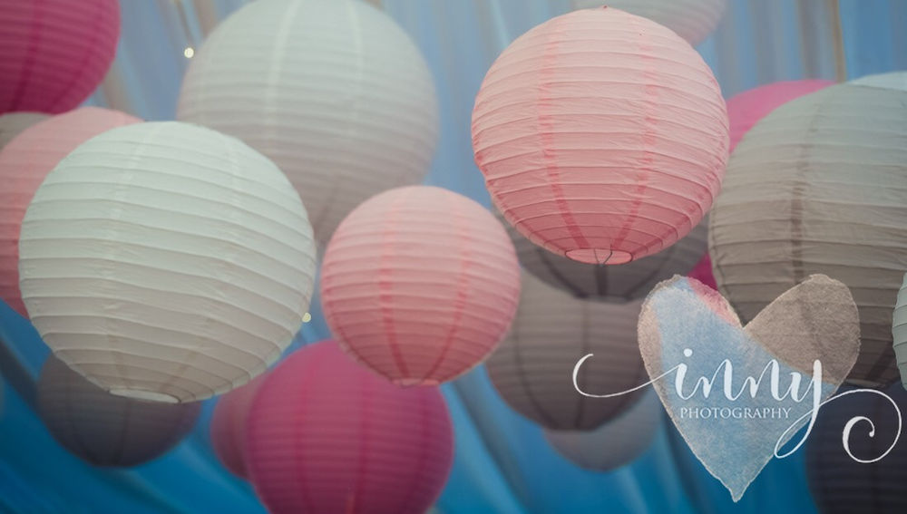 Pink and grey paper hanging lanterns