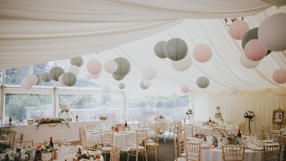 Pink and sage paper hanging lanterns