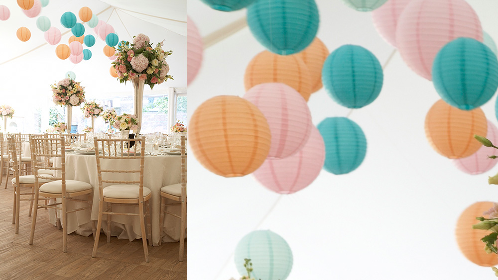 paper lanterns and wedding flowers