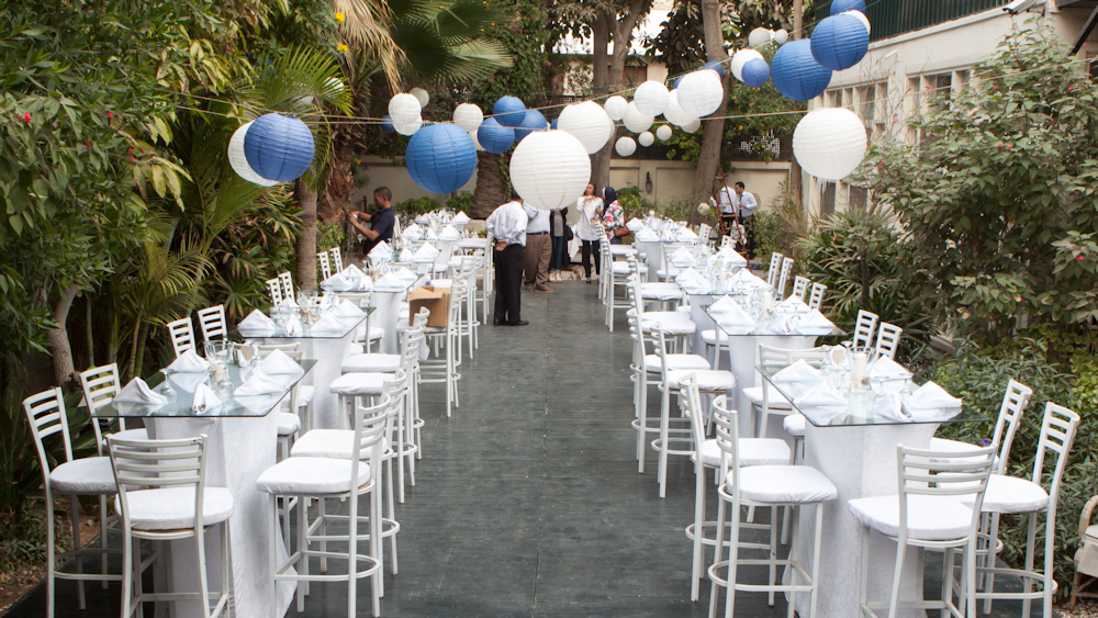 Blue and white outdoor wedding lanterns